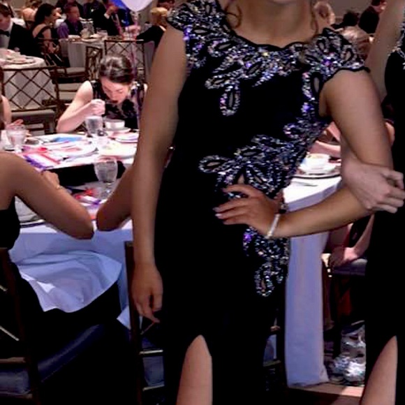 Floor length black bedazzled dress with slit - Picture 2 of 3